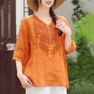 晉影2025夏新款新中式棉麻T(mén)恤花朵刺繡禪意茶服上衣女文藝復古小衫LDY 文藝復古 橘色 XL 建議115-125斤
