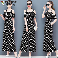 啄木鳥(niǎo)（TUCANO）雪紡露肩連體褲女2025夏新款垂感闊腿褲波點(diǎn)高腰顯瘦套裝褲裙褲 【563#】黑色+大白點(diǎn) 雪紡面料 2XL 【建議120-130】