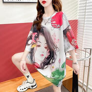 夏典素訂女王（SE.PSTP）網(wǎng)眼冰絲怪味中長(cháng)款短袖t恤上衣夏季新品個(gè)性印花寬松大碼連衣裙 散發(fā)美女 2XL 建議140-160斤