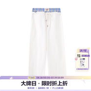 F426【露思親推】【為自己閃耀】新款休閑假兩件腰頭格紋拼接工裝長褲 白色 S