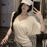 大碼女裝胖mmV領(lǐng)蝙蝠袖上衣短袖T恤女夏季新款時(shí)尚寬松洋氣罩衫 白色-優(yōu)質(zhì)人棉-柔軟親膚 L  105-115斤