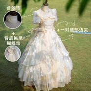 英梵龍嗚嗚大裙子花嫁日?？铋L裙生日裙Lolita 生成色裙子加頸飾拖尾蝴蝶結(jié) S