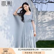 香影海邊度假藍(lán)色連衣裙女2025夏季新款過膝高腰法式方領(lǐng)雪紡裙子 藍(lán)色 M 160/84A/95-110斤