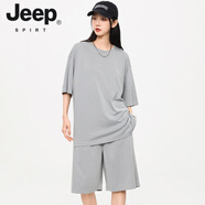 JEEP SPIRIT短袖T恤男士套裝夏季2025新款跑步速干籃球運動(dòng)服情侶款兩件套裝 575+2769珍珠灰 S