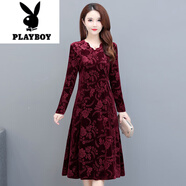 花花公子（PLAYBOY）媽媽秋裝連衣裙2025新款洋氣中年女裝春秋長袖金絲絨裙子女士長裙 棗紅 XL
