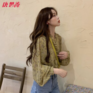 唐思薇韓國(guó)chic碎花V領(lǐng)荷葉邊寬松長(zhǎng)袖雪紡衫女氣質(zhì)復(fù)古上衣慵懶襯衣夏 黃色 M (建議105斤內(nèi))