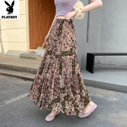 花花公子（PLAYBOY）度假風(fēng)印花雪紡大擺半身裙2025夏季波西米亞碎花高腰顯瘦百褶長(cháng)裙 花色 452#花色 S 建議85-99斤