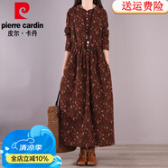 皮爾卡丹（pierre cardin）高檔棉麻連衣裙女2024春秋冬民族風(fēng)碎花亞麻長裙大碼長袖加絨加厚 咖啡色（即將售罄） 常規(guī)/ M 【建議85-110斤】