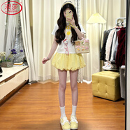 浪莎花苞短裙女半身裙2025年新款少女休閑高腰蓬蓬裙泡泡百褶裙a字裙 黃色 XL （建議125-140斤）