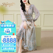 Homesee海外輕奢高端連衣裙真絲女名媛時尚氣質(zhì)裙桑蠶絲復(fù)古印花裙 杏色 S [適合<105]斤
