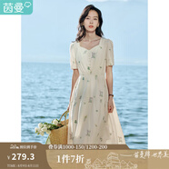 茵曼（INMAN）文藝清新連衣裙2025夏季女裝新款花邊桃心領收腰泡泡袖長裙 悠蘭杏 M