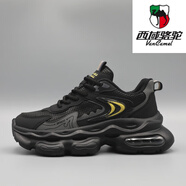 西域駱駝（VANCAMEL）男鞋厚底增高老爹鞋新款氣墊減震軟底春秋季皮面休閑百搭運動潮鞋 黑色 (運動鞋碼) 43