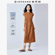 佐丹奴短袖裙子女夏棉麻優(yōu)雅風腰帶小立領(lǐng)蝙蝠連衣裙05465333