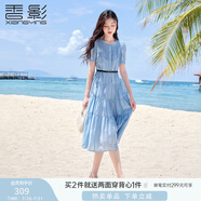 香影藍(lán)色泡泡袖連衣裙女2025夏季新款法式超好看風(fēng)琴褶正肩高腰裙 藍(lán)色 S