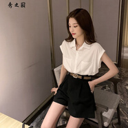 范哲莎單件/套裝女夏季年新款坎肩襯衫上衣+休閑短褲子時(shí)尚兩件套潮 白色上衣+黑色褲子(+皮帶) S 80-95斤