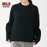 無印良品 MUJI 女式 含牦牛絨羊毛 寬羅紋編織 高圓領(lǐng)毛衣 長袖針織衫簡約 黑色 L