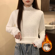KAHTOP 2025秋冬新款蕾絲打底衫女加絨加厚高領(lǐng)秋冬純色小衫內(nèi)搭女裝DJC 磨毛白色 加絨 S (建議85-95斤)