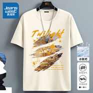 真維斯（Jeanswest）冰絲中袖男2025夏季簡約印花寬松冰感速干短袖T恤男士大碼上衣服 淺米（大日暮晚巷） L (175) (收藏加購優(yōu)先發(fā))