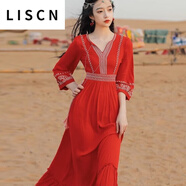 LISCN紅色民族風(fēng)連衣裙新疆沙漠裙子異域風(fēng)情草原青海云南旅游穿搭女裝 紅色 預(yù)售七天 XL