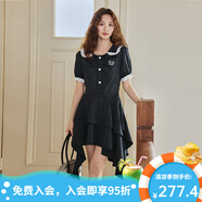 B.Duck小黃鴨短袖連衣裙女2025夏季新款不規(guī)則裙娃娃領(lǐng)繡花格紋連身裙 灰色格子 XS