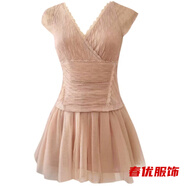 芭瑾圖氛圍感拍照穿搭甜美V領(lǐng)顯瘦收腰設計小眾短蓬蓬裙藕粉色顯白套裝 短裙+上衣 S 85-95