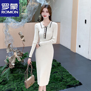 羅蒙針織連衣裙女2024秋冬復古純欲風(fēng)娃娃領(lǐng)彈力修身顯瘦撞色包臀裙子 乳白色 均碼