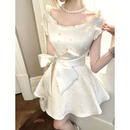 氣質(zhì)名媛蝴蝶結珍珠高級感連衣裙夏季新款純欲收腰顯瘦公主短裙女 連衣裙（優(yōu)質(zhì)品高質(zhì)量 S