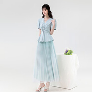 卡伊莎2025夏季新款優(yōu)雅淑女V領(lǐng)設(shè)計(jì)感顯瘦上衣+長(zhǎng)款百褶網(wǎng)紗半身裙 藍(lán)色半身裙 S