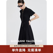 卓凡尼·華倫天奴（GIOVANNI VALENTINO）休閑透氣收腰連衣裙顯瘦配腰帶長(zhǎng)裙女士連身裙 黑色 L 