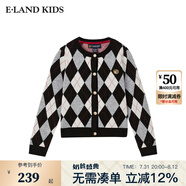 E·LAND KIDS衣戀女童針織衫冬季新品美式復古菱紋圓領開衫 Black黑色/19 140