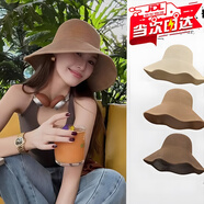 oein草帽遮陽帽太陽帽日系簡約可折疊夏天出游度假防曬沙灘漁夫帽子女 棉線趴沿—卡其 帽圍：57cm