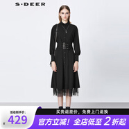 sdeer圣迪奧春秋季女裝休閑翻領(lǐng)收腰網(wǎng)紗拼接襯衫連衣裙S21381207 黑色/91 S/160