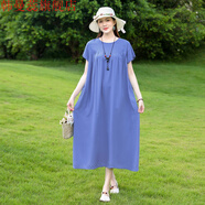 韓曼蕊波西米亞連衣裙女2025新款洋氣微胖中年媽媽棉綢寬松碎花長(cháng)裙 淺蘭 4XL 建議180到210斤