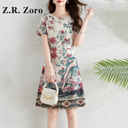 Z.R.Zoro奢侈品連衣裙女2025夏季新款收腰顯瘦A字裙法式復(fù)古印花連衣裙女 花色 M