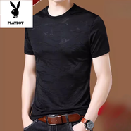 花花公子（PLAYBOY）男士桑蠶絲短袖T恤夏季新款中青年體恤男裝半袖真絲上衣潮 啄 圓領黑色 AMN3814 S 165/84A