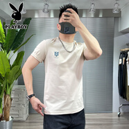 花花公子（PLAYBOY）夏季新款國潮醒獅短袖T恤男士簡約純色圓領休閑潮牌體恤 杏色 M 90-115斤