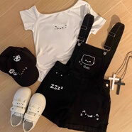 凱蒂貓（hellokitty）中大童夏季學(xué)院風(fēng)背帶褲套裝女童純色短袖兒童時尚凱蒂貓背帶短褲 短袖 130 cm
