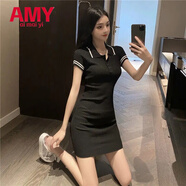 愛(ài)麥依小香風(fēng)氣質(zhì)2025夏季新款短袖連衣裙女翻領(lǐng)修身顯瘦打底外穿包臀裙 黑色 均碼 彈力均碼(建議70-120斤)