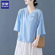 羅蒙（ROMON）棉麻V領(lǐng)T恤女士上衣2025年夏季韓版大碼寬松亞麻五分袖打底衫 藍(lán)色 XL 建議115-130斤