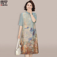 詩(shī)迦努中年媽媽夏日端莊大氣雪紡連衣裙2025新款中老年人國風(fēng)裙子女夏裝 藍色 2XL _(適合106-120斤)