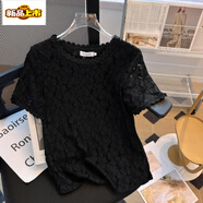 初徑韓系蕾絲衫短袖女春夏季新款韓版寬松圓領(lǐng)鏤空洋百搭白色通勤上衣 黑色 L 108-118