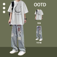 唐號(hào)純棉短袖穿搭套裝t恤夏季休閑寬松痞帥男裝酷帥一整套搭配牛仔褲 白色短袖+藍(lán)色牛仔褲 XL