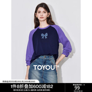 初語(yǔ)牛仔蝴蝶結美式t恤女2024秋季新款撞色插肩袖減齡休閑上衣 紫色-深藍 M