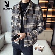 花花公子（PLAYBOY）痞帥格子毛呢夾克外套男春秋季潮流寬松帥氣風(fēng)衣翻領(lǐng)短款呢子大衣 T41毛呢格子色色加高質(zhì)量 厚款 S 適合80-95斤左右