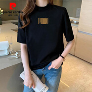 皮爾卡丹（pierre cardin）短袖半高領(lǐng)純棉t恤女設(shè)計感小眾歐洲站寬松大碼半袖打底上衣 黑色【豎條紋】 S