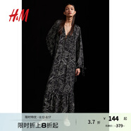 H&M女裝連衣裙秋季V領(lǐng)寬松法式休閑抽繩設計植物印花長(cháng)裙1225331 黑色/花卉 160/88 S