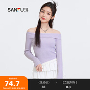 三福毛衣2025春季蕾絲斜下擺一字肩優(yōu)雅上衣女裝496694 淺紫色 L