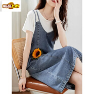 初徑復古撞色薄款吊帶連衣裙女2025春夏新款簡(jiǎn)約感休閑背帶牛仔裙 牛仔藍背帶裙 M 90-105斤