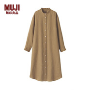 無印良品 MUJI 女式 法國亞麻水洗 立領(lǐng)連衣裙 深咖啡棕色 L