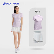 迪卡儂（DECATHLON）運(yùn)動(dòng)短褲女防走光寬松夏季外穿跑步瑜伽訓(xùn)練健身褲GYPWL T恤+短褲兩件套女款 紫紅色+白色 S